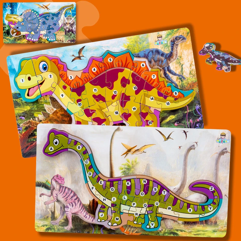 

Деревянный пазл-динозавр с цифрами, буквами познания, Детский развивающий 3D-пазл с животными, многомерные игрушки