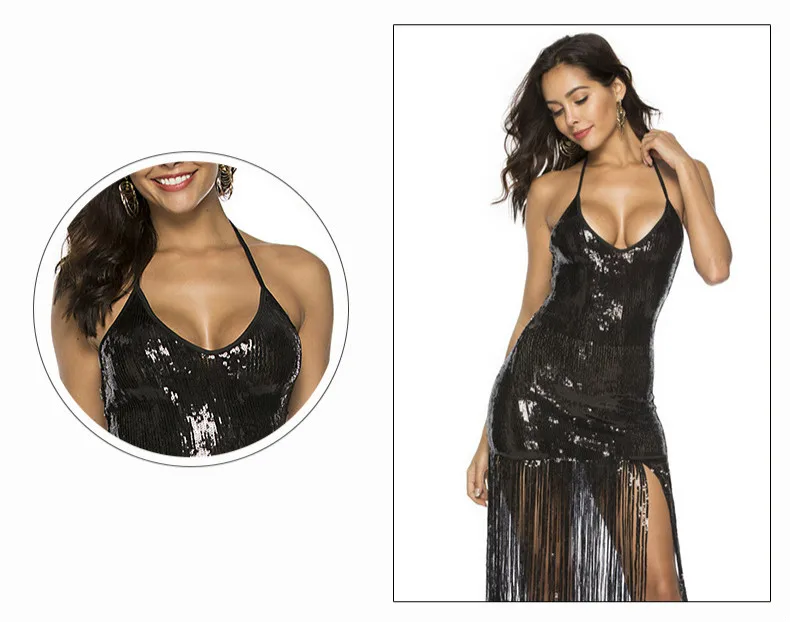 KAUNISSINA Sequin Tassel Cocktail Dresses Sexy Club Wear Party Dress Halter Strap Backless Party Gown Cocktail Dress