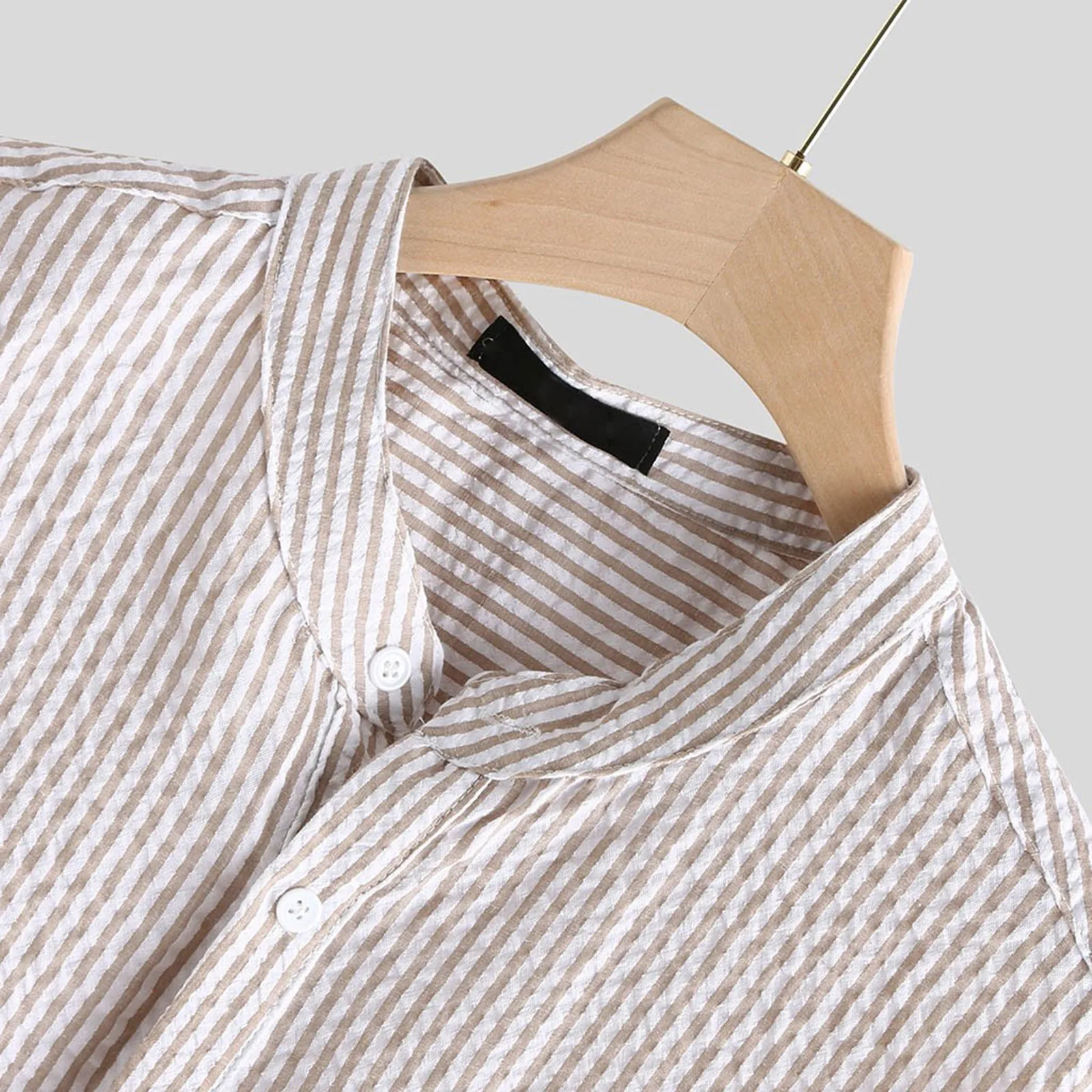 

Hawaiian shirt Men Summer Leisure Linen Long Sleeves T-Shirt Top Blouse Striped Slim Fit Stand Collar Shirt Male Clothes