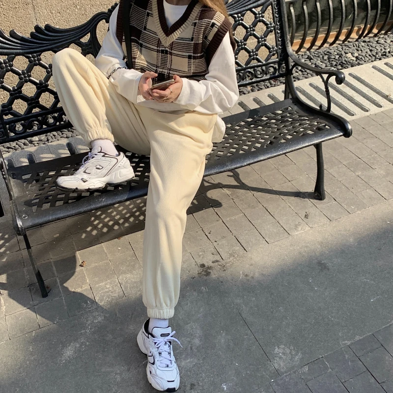 

2021New Pants Women Solid Elastic High Waist Thickening All -Match Harem Unisex Couples Chic Loose Streetwear Trousers Fashion