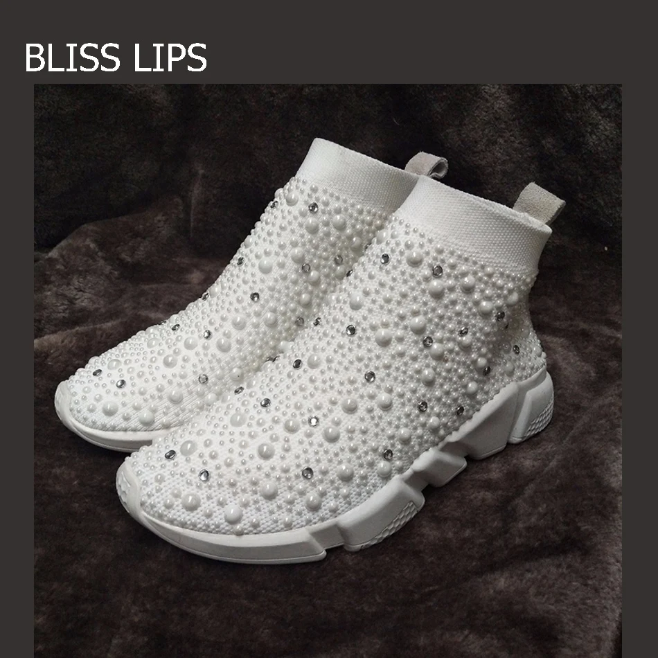 Новые туфли с жемчугом эластичные чулки спортивная обувь стразы на плоской