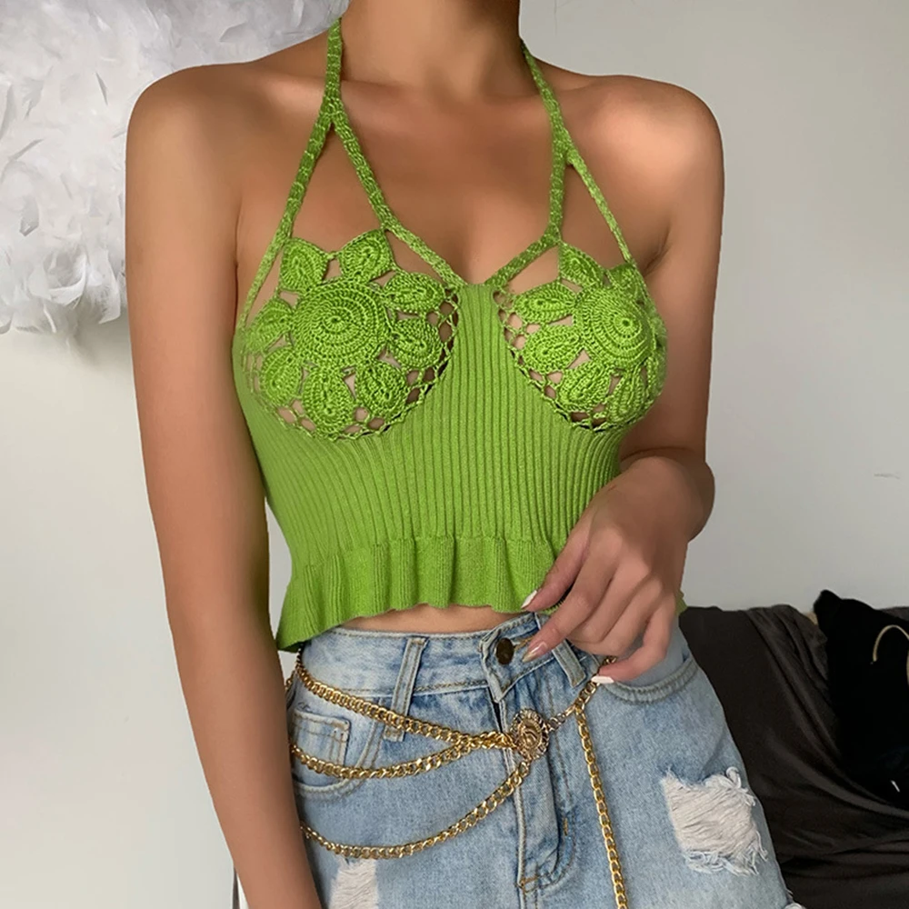 Boho вязаный цветок крючком топики танк-топы для женщин укороченный топ на