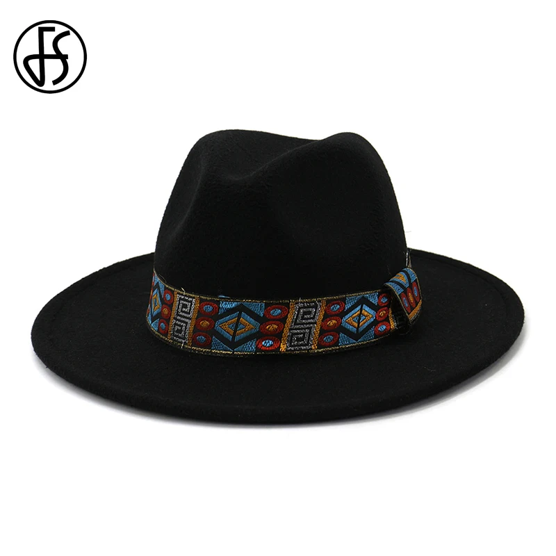 

FS Wide Brim Fedora Hat For Women Black Pink Green Wool Felt Hats For Men Autumn Winter Church Panama Gamble Yellow Jazz Cap