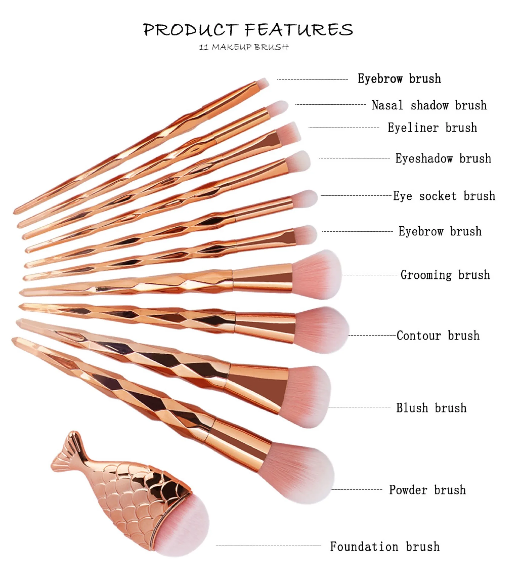 

11pcs Diamond Fish Makeup Brush Set Foundation Blending Power Eyeshadow Contour Concealer Blush Cosmetic Beauty Make Up