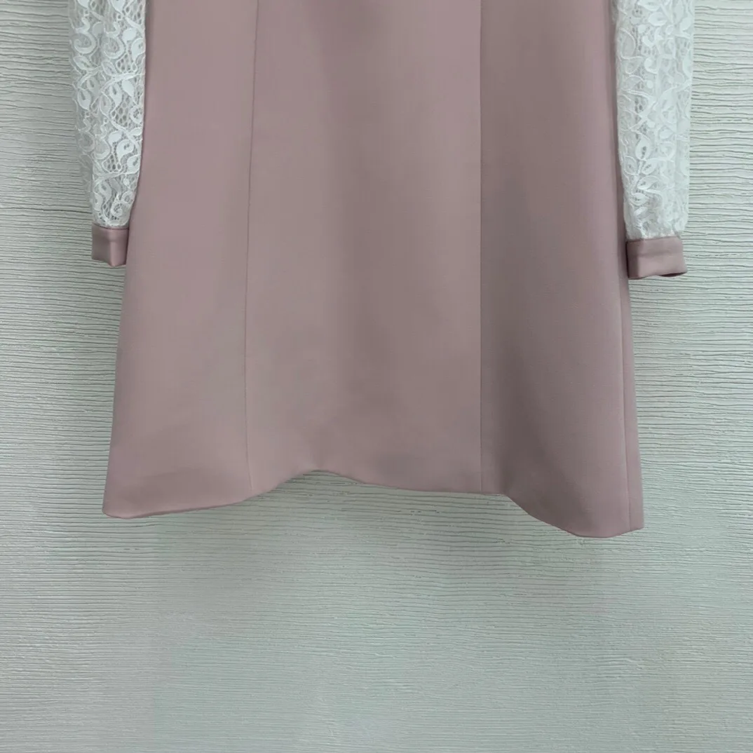 

Hoge Kwaliteit Lente Vrouwen Custom Diamanten Bezaaid Kralen Zware Revers Kant Lange Mouwen Stiksels A-lijn Rok slanke Jurk