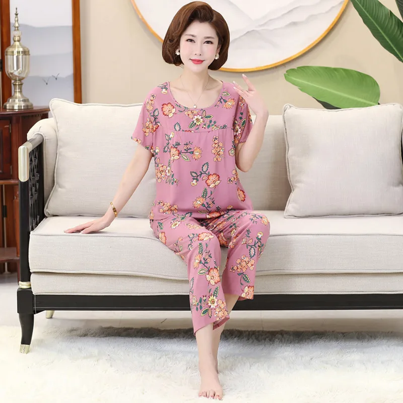 Conjuntos De Mujer New Plus Size Women's Pajama Sets Short Sleeve Print Loungewear Pijamas Cotton Linen Pyjamas Suit XL-4XL