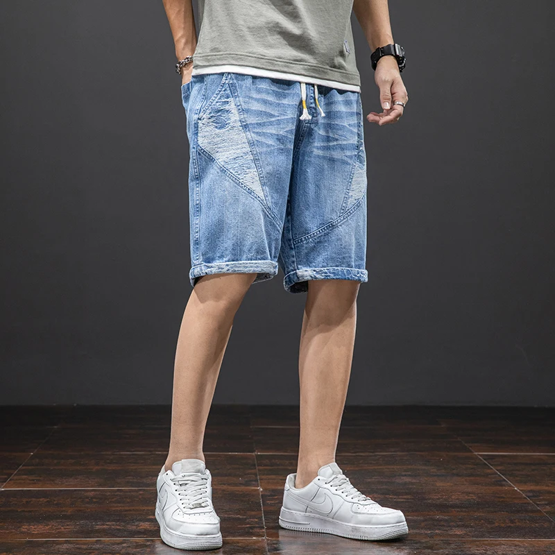 

Plus Size Summer Blue Short Jeans Men Knee-Length Cotton Casual Baggy Trousers Male Striped Denim Shorts 6XL 7XL 8XL