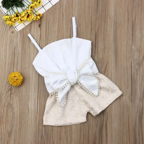

Baby Girl Summer Sleeveless Jumpsuit Lace Patchwork Bowknot Adjustable Shoulder Strap Jumpsuit Lace Pants Sweet Shorts