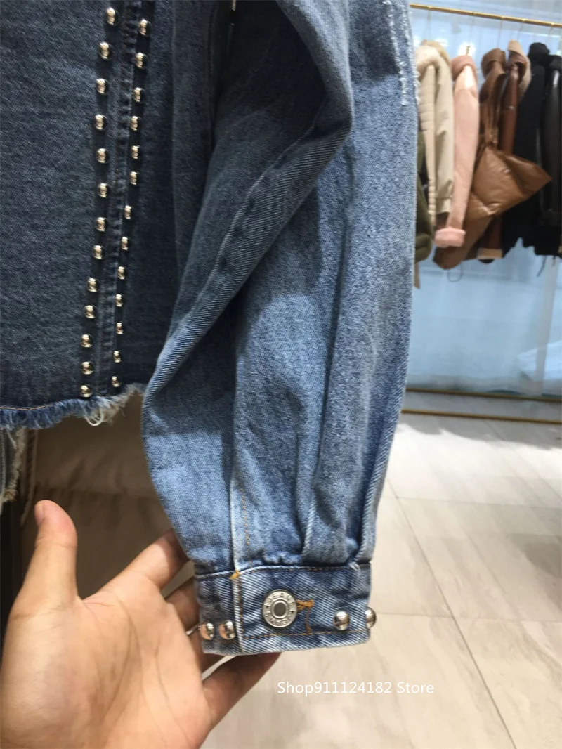 

Heavy Industry Rivet Raw Edge Denim Jacket Female 2021 Spring And Autumn New Korean Version Loose Wild Beaded Jacket Top Trend