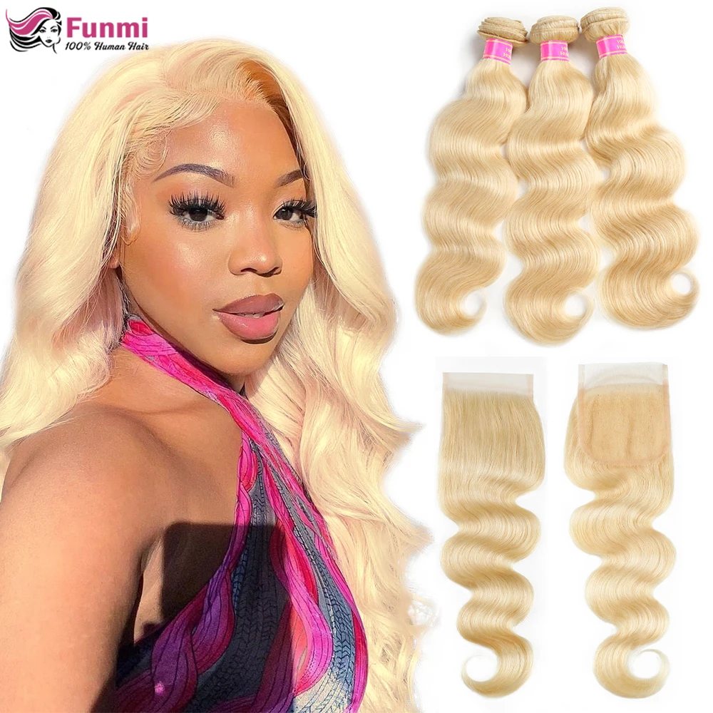 613 пряди с закрытием бразильские волнистые волосы Remy человеческие блонд 4X4