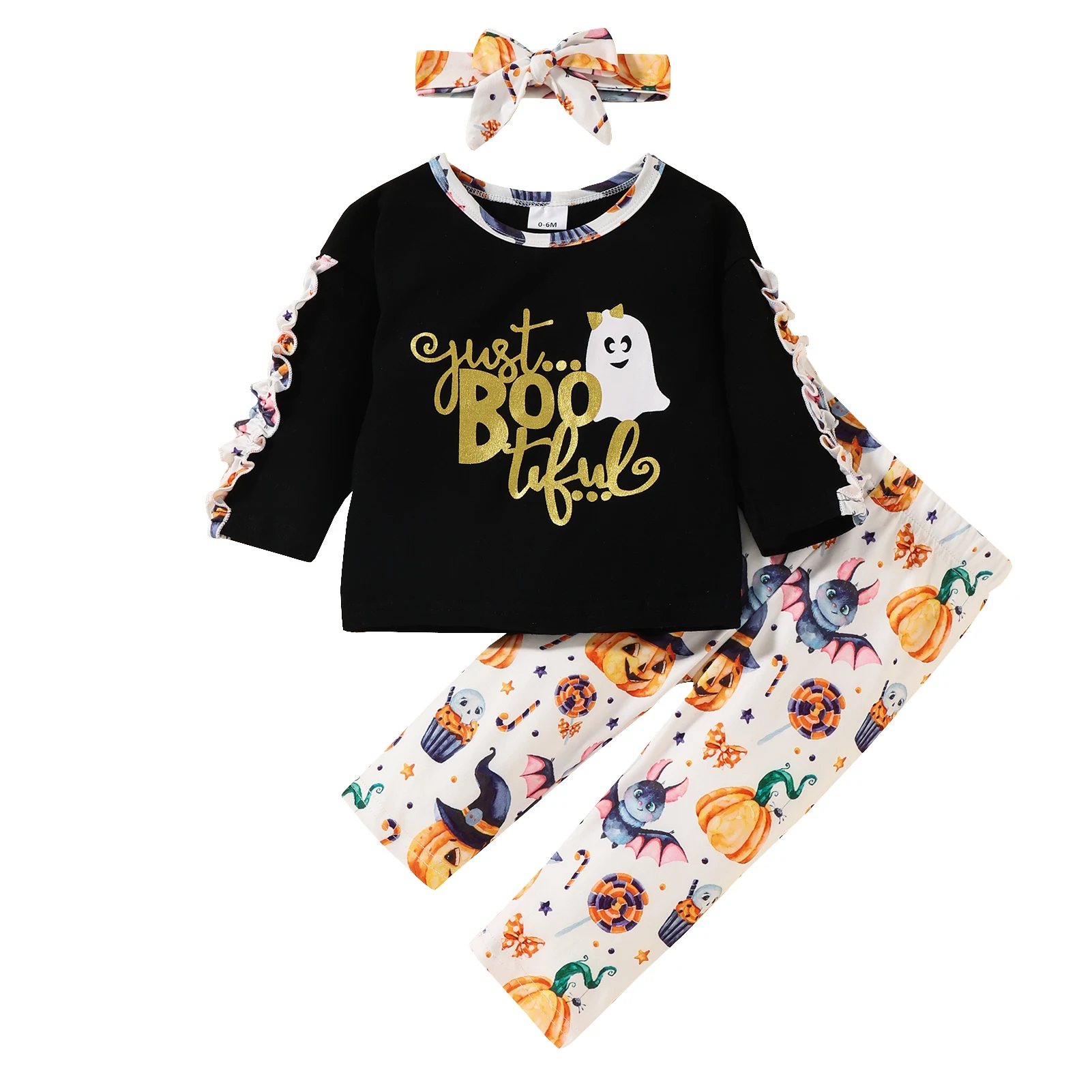 

3Pcs Kids Halloween Tracksuit, Round-Neck Long Sleeves T-Shirt + Cartoon Print Pants + Hairband for Girls, 0-24 Months Baby Sets