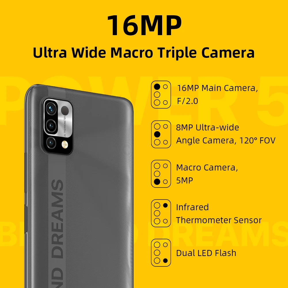 UMIDIGI Power 5 Global Version Smartphone Android 11 4GB 128GB Helio G25 16MP AI Triple Camera 6150mAh 6.53'' HD+ Full Screen |