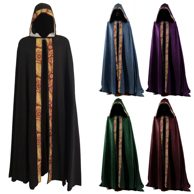 

Halloween Wizard Cloak Medieval Man Women Cosplay Costume Long Gothic Knight Hooded Cape Witch Ponchos