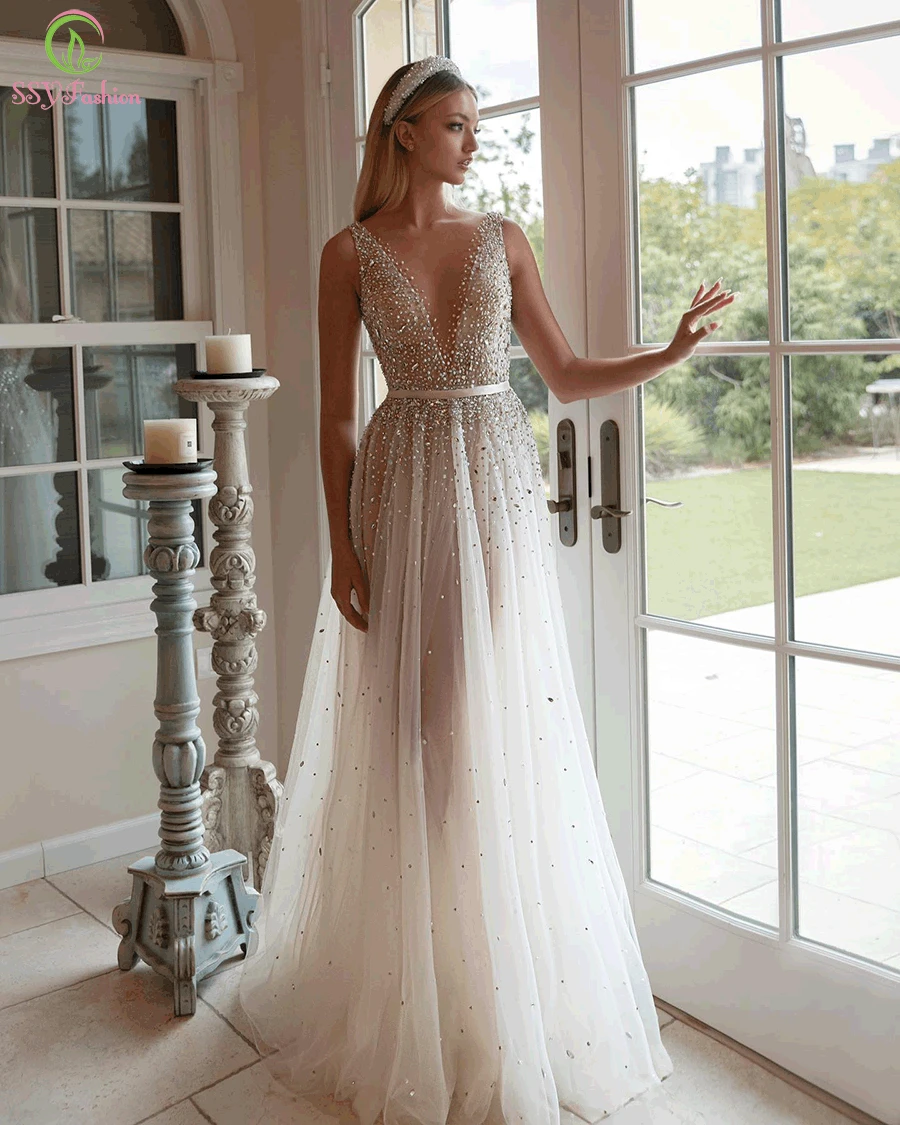 

SSYFashion Luxury Evening Dress High-end Crystal Sequins Beading Backless Transparent A-line Long Formal Gown Vestidos De Noite
