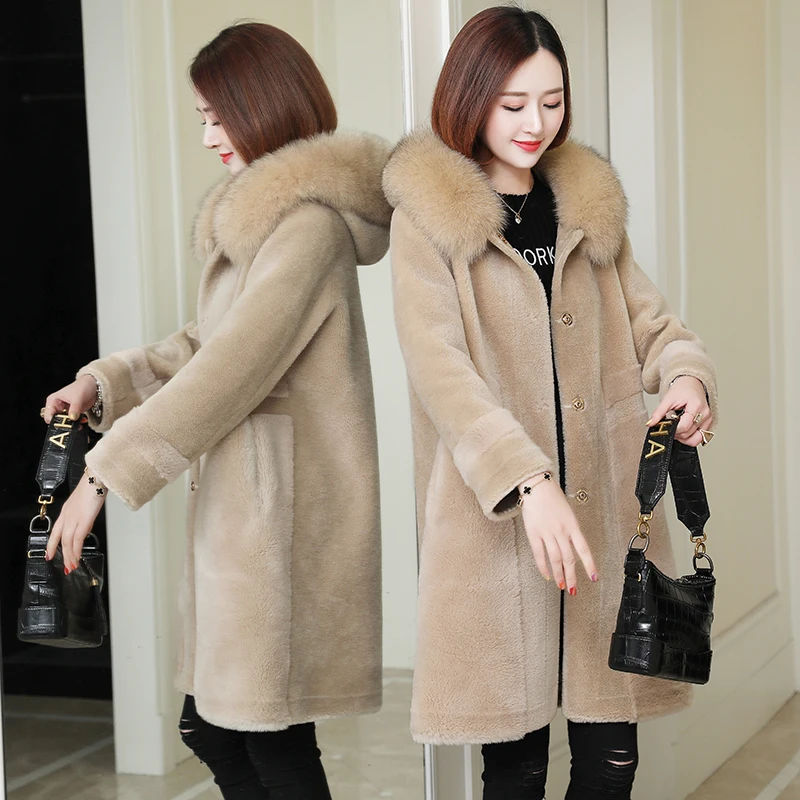 Женское длинное пальто из 2020 шерсти с воротником лисьего меха KJ4672|Шубы и
