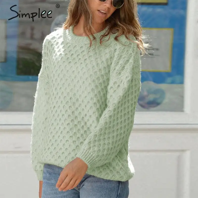 Женский пуловер с круглым вырезом Simplee повседневный вязаный свитер длинными