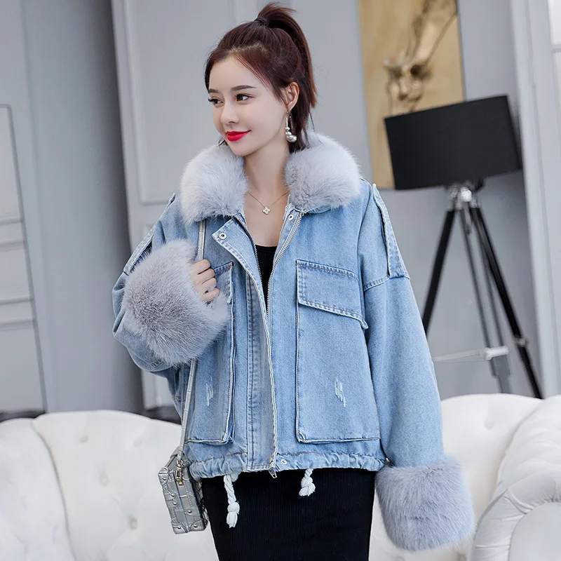 Hot Sale Pie Overcoming Denim Jacket Plus Plush Collar Denim Jacket for Ladies Velvet Denim Jacket Bubble Autumn Winter New
