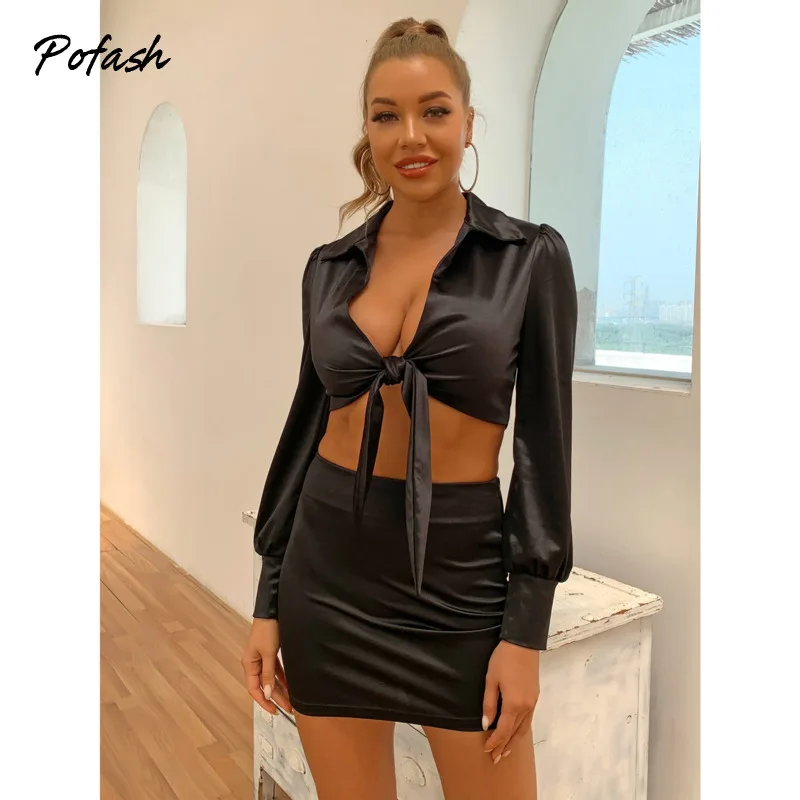 

Атласный Однотонный черный комплект из двух предметов Pofash, женская одежда, укороченный Топ с длинным рукавом и юбка, женский сексуальный ко...