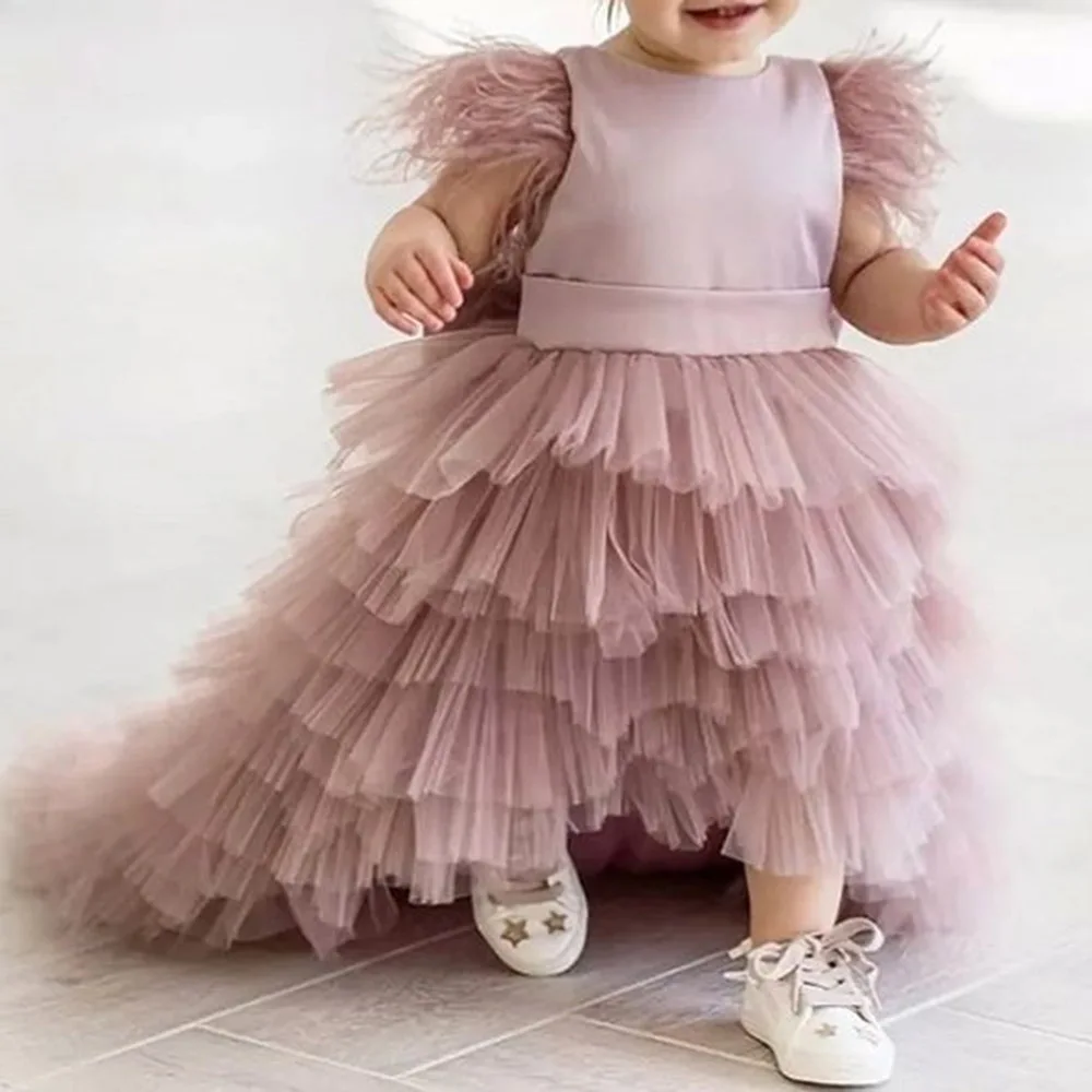 

D111 Cute Skin Pink Kids Skirt O-Neck Natural A-Line Floor-Length Tulle Flower Girl Dresses/Birthday Gowns Bow Free Shipping
