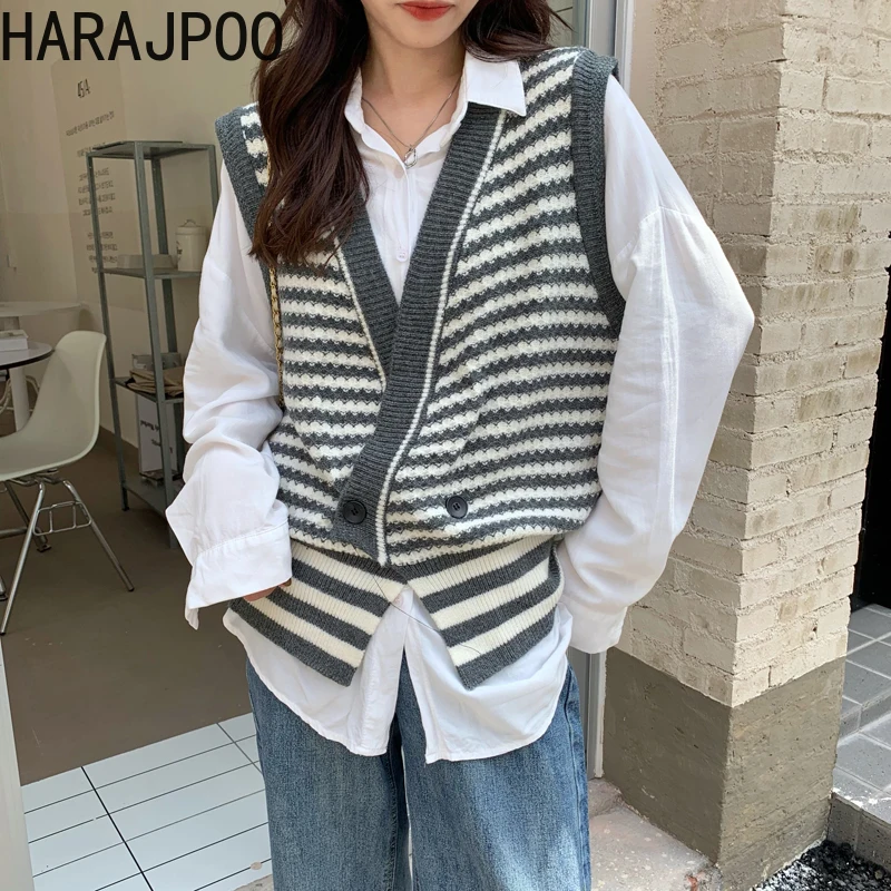 

Женский жилет в полоску Harajpoo, вязаный Повседневный Свободный кардиган без рукавов в Корейском стиле Ins Simplee, черный свитер, жилет, Осень-зима ...