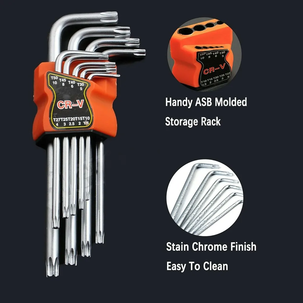 

9pcs Double-End Screwdriver Set L-shape Torx Star Hex Wrench Tamper Proof Hand Tools T10, T15, T20, T25, T27, T30, T40, T45, T50