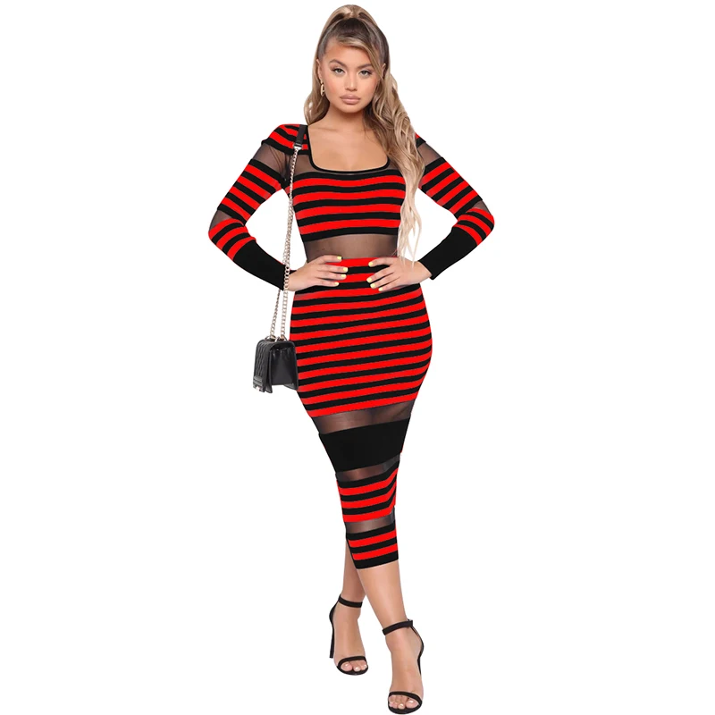 Red Full Sleeve Неоновый зеленый полосатый принт Обёрточная бумага платье женский, Черный Mesh Лоскутная Перспектива длинное платье летнее платье без рукавов с круглым вырезом комплекты из Клубные вечерние платья - Цвет: Red Full Sleeve