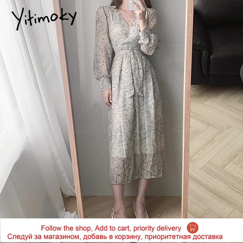 

Yitimoky Chiffon Bandage Dresses for Women Print Floral Plus Size Long Sleeve High Waist V-Neck A-line Spring 2021 New Fashion