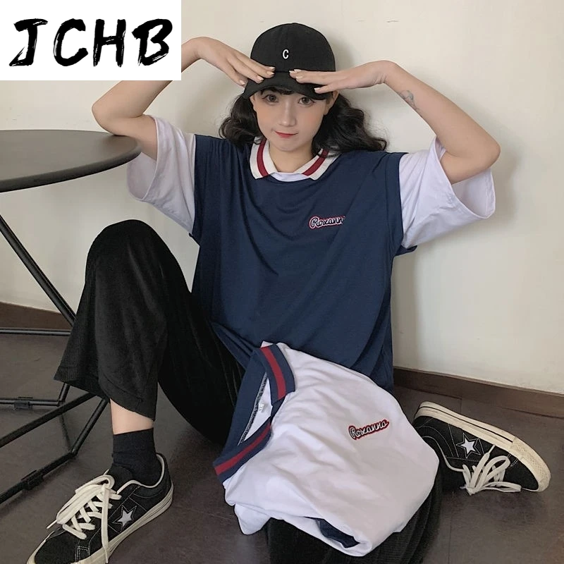 

2021 Ins Sport Polo Collar Fake Two-piece t Shirt Short Sleeve T-shirt Women Clothing Streetwear Loose Tops Korean Summer Tshirt