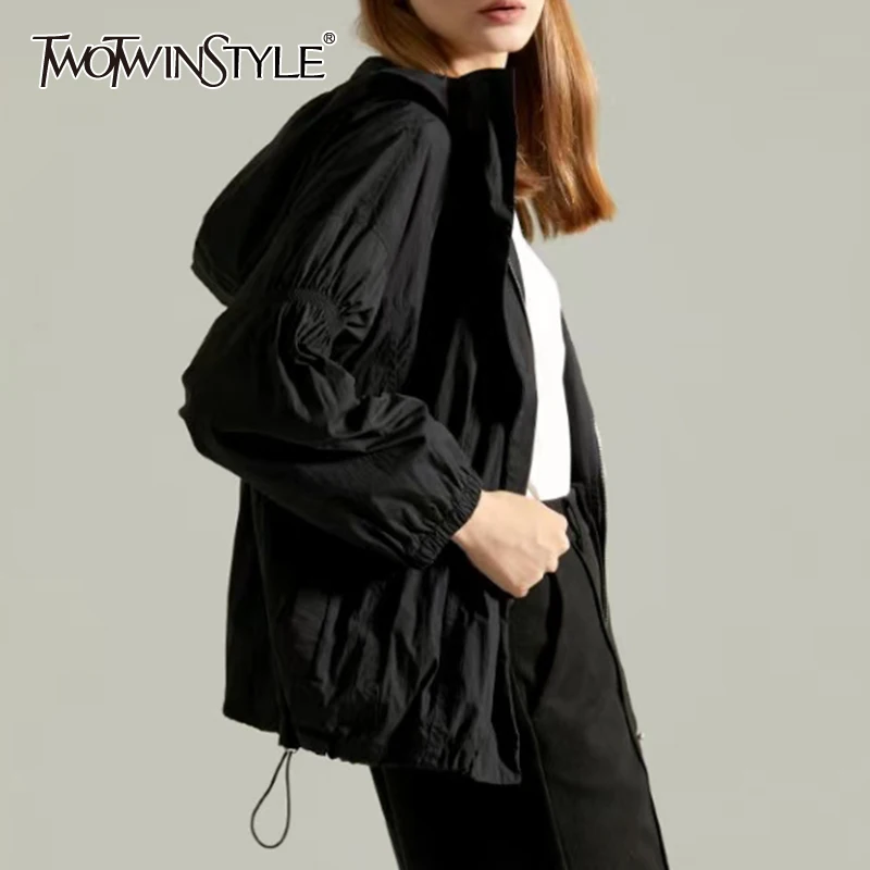 

TWOTWINSTYLE Casual Solid Drawstring Women's Autumn Jacket Hooded Long Sleeve Fold Pleated Loose Jackets Female 2021 Fashion New