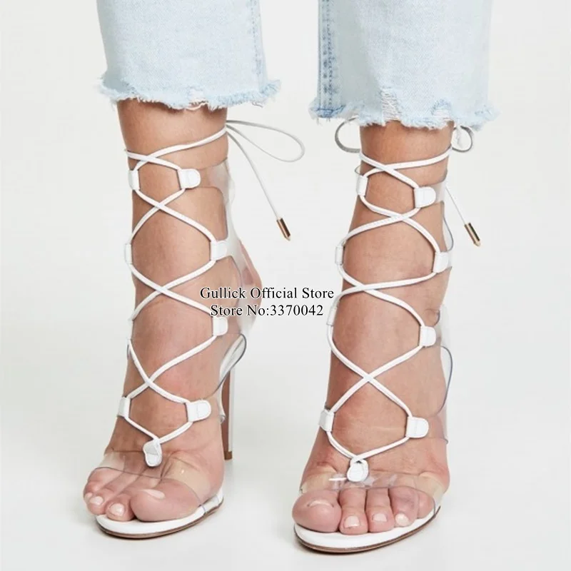 Murah Seksi Sepatu Hak Tinggi PVC Tumit Tinggi Sandal Putih Renda Sandal Tali Cut-Out Peep Toe Berongga Gaun Pesta Sepatu Drop Kapal