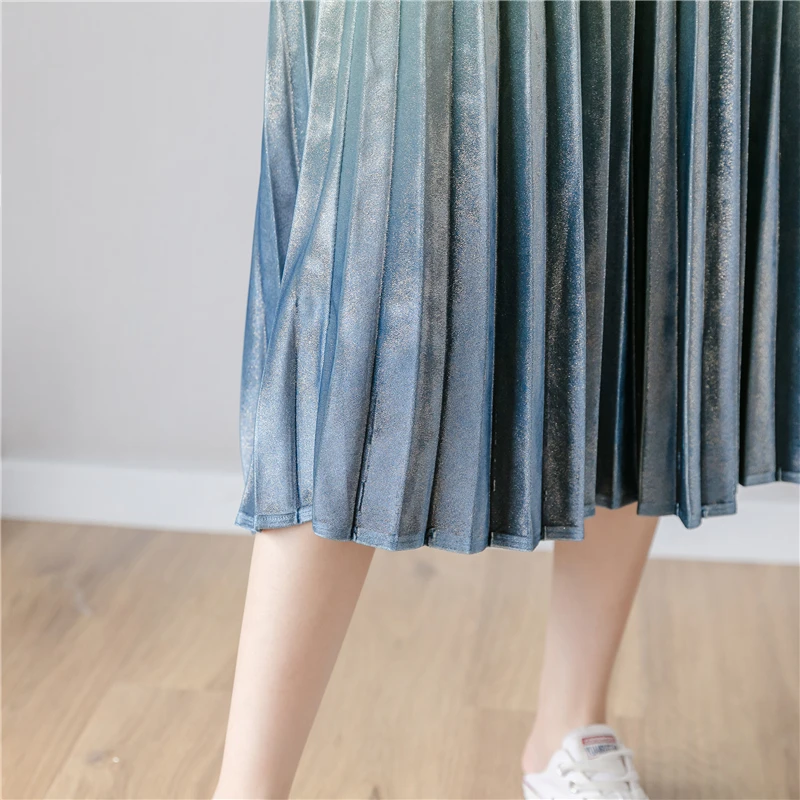 

OllyMurs Women High Waist Long Skirt Gradient Color Casual Velvet Pleated Skirts Autumn Winter 2019 Female A-line Maxi Faldas