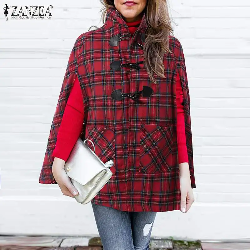 

Женская винтажная клетчатая накидка ZANZEA, модные офисные пальто без рукавов, Осенние трапециевидные Куртки Оверсайз 2021, женские повседневны...