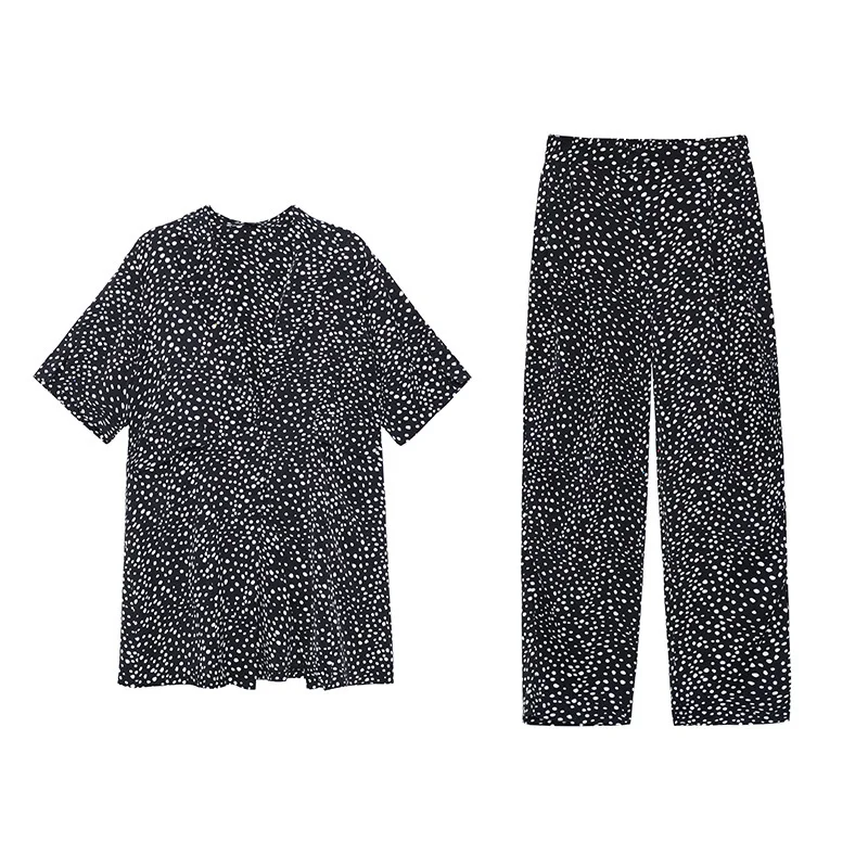 

QING MO European Short Sleeve Suit Women's 2021 Summer Thin Wide Leg Pants Loose And Thin Print Top Casual Two Piece Set ZWL010