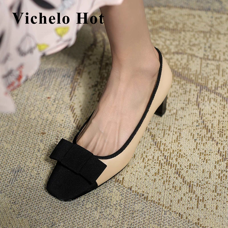 

Vichelo Hot french romantic sheep leather butterfly-knot patchwork square toe thick high heel slip on gorgeous women pumps L37