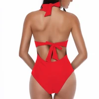 high waisted bathing suits one piece swimsuit for women red swimwear solid halter bandage swim ladies padded plus size xxl 2xl