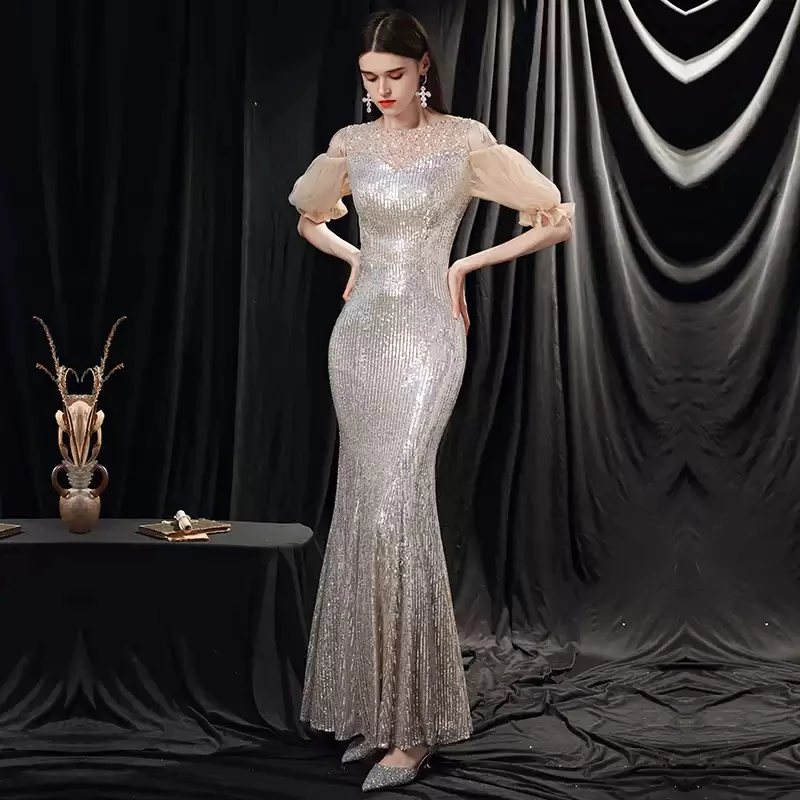 

Evening Dress Sequins O-Neck Simple Short Sleeve Fashion Floor-length Mermaid Zipper Back Plus size Women Formal Party Gown C757