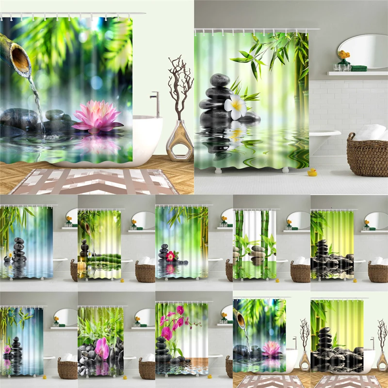 Натуральный Бамбуковый камень занавеска для душа печать Mildewproof 3d полиэстер Ткань