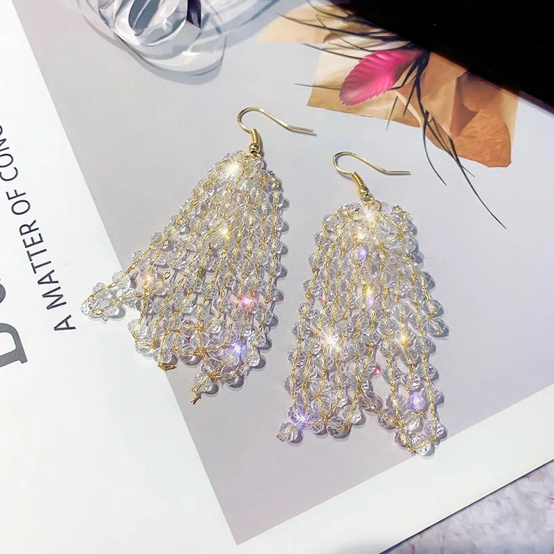 

2021 Trend Korean Luxury Long Crystal White Tassel Grape Dangle Earrings For Women Grape Bead Drop Earrings Brincos Girl Jewelry