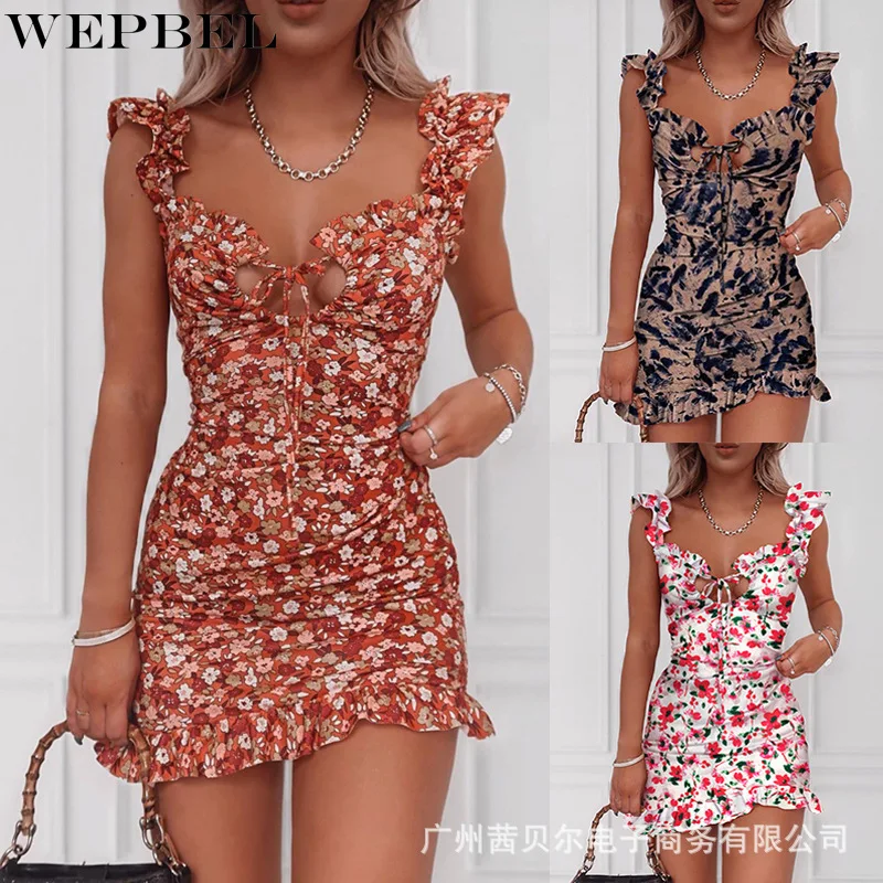 

WEPBEL Dress Summer Fashion Ruffles Stitching Tied Dress Women's Sexy Spaghetti Strap V-Neck Floral Print High Waist Dress