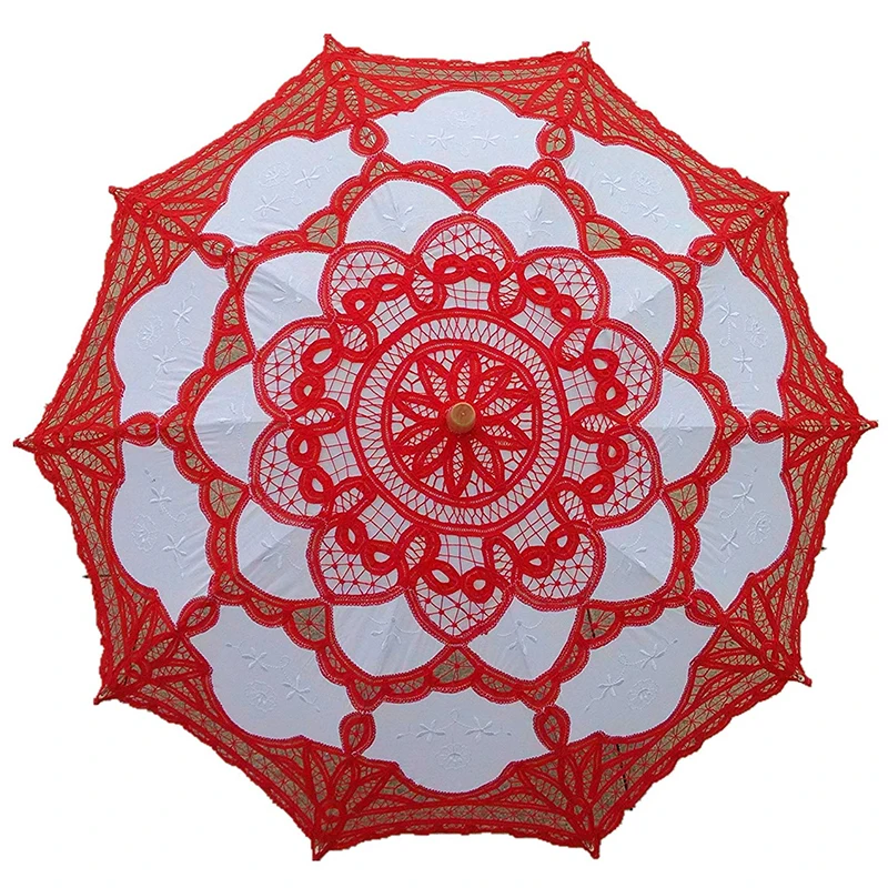 red and white Вышитый кружевной зонтик для невесты, черный, красный, белый Хлопковый зонт для невесты с деревянной ручкой, свадебный декоративный зонтик - Цвет: red and white