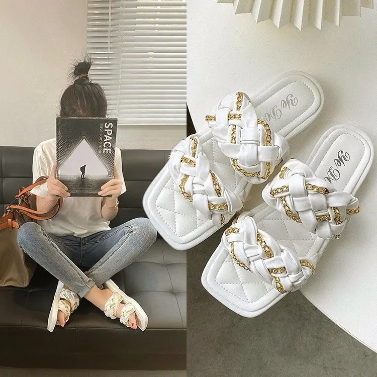 

Женские шлепанцы на плоской подошве, сандалии с плетеной цепочкой, летние крутые пляжные туфли с открытым носком, тапочки шлепанцы