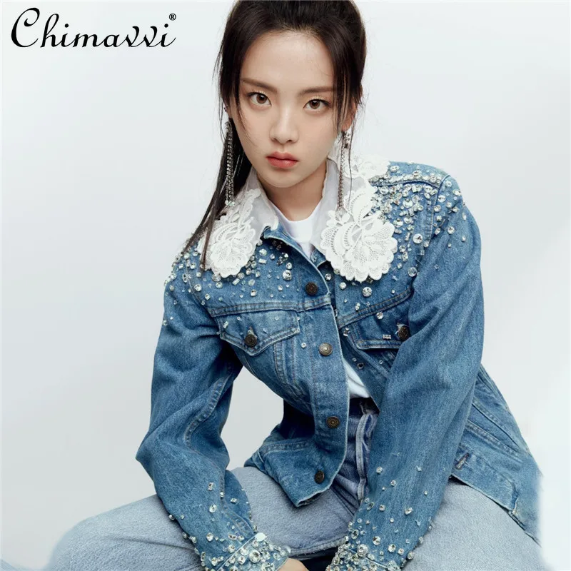 

Exquisite Rhinestone Denim Jacket Women 2021 Autumn New Fashion Slim Long Sleeve Jean Jacket Streetwear Coat Jacket Feminine