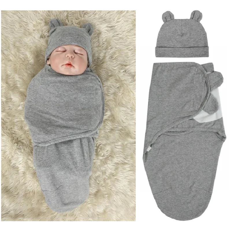 

New Newborn Solid Color Soft Prevent Startle Sleeping Bag Baby Four Seasons Cotton and Breathable Appease Cocoon Bag with Hat