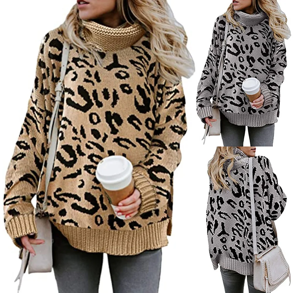 

Women Knitted Sweater Female Leopard Print Split Long Sleeve Jumper Turn Down Collar Pullover Sweater Ladies Clothes Plus Size