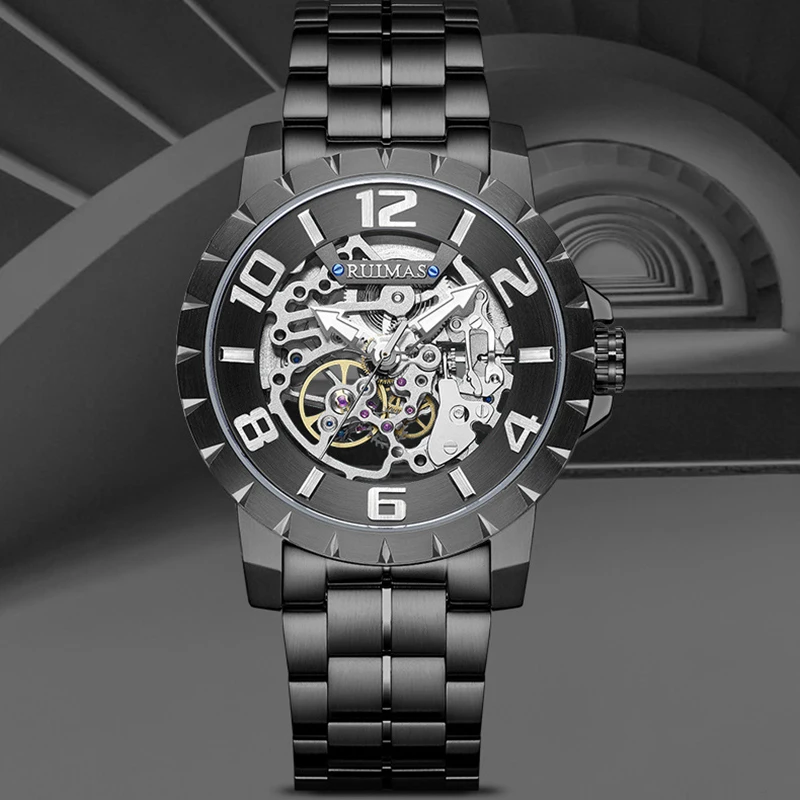 

Мужские деловые часы RUIMAS с ремешком из нержавеющей стали, автоматические механические водонепроницаемые мужские наручные часы с вырезами ...