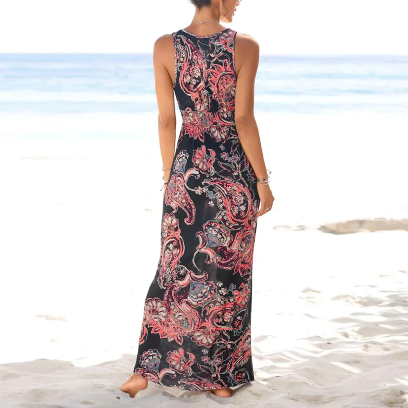

Sagace 2021 New Summer Sandy Beach Dress Women Casual Cashew Flower Print Sleeveless Dress Long Skirt