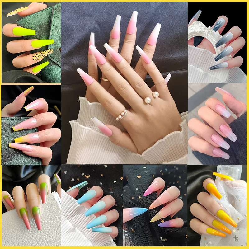 

24pcs DIY Full Cover False Nail Tips Coffin Fake Nails Rainbow Gradient Candy Trapezoidal Fake Nails Ballet Wearable Nails