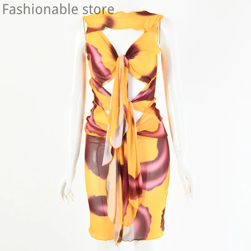 

Women Sexy O-Neck Sleeveless Mesh See Through Hollow Out Bandage Design Print A-Line Dress