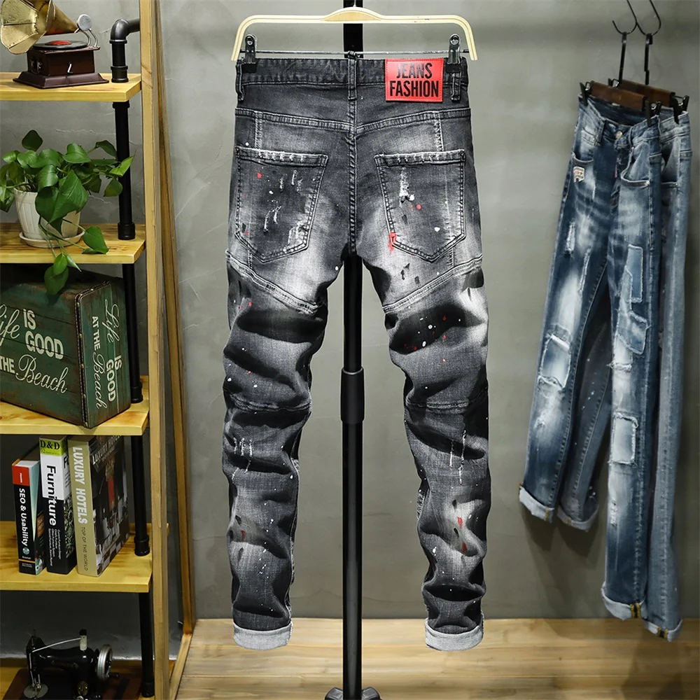 EH·MD® Ripped Hole Jeans Men's Paint Dots Ink Splattered Soft Cotton High Elastic Leather Label Black Grey Slim Pants Red Ears 2