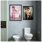 Унитаз сексуальная женщина мужчина Холст принты девушка курить и пить картина для ванной плакат черно-белая живопись